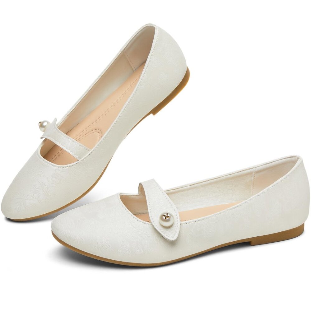 Women's Mary Jane Flats Floral Print Pearl Buckle Slip-On Ballet Shoes